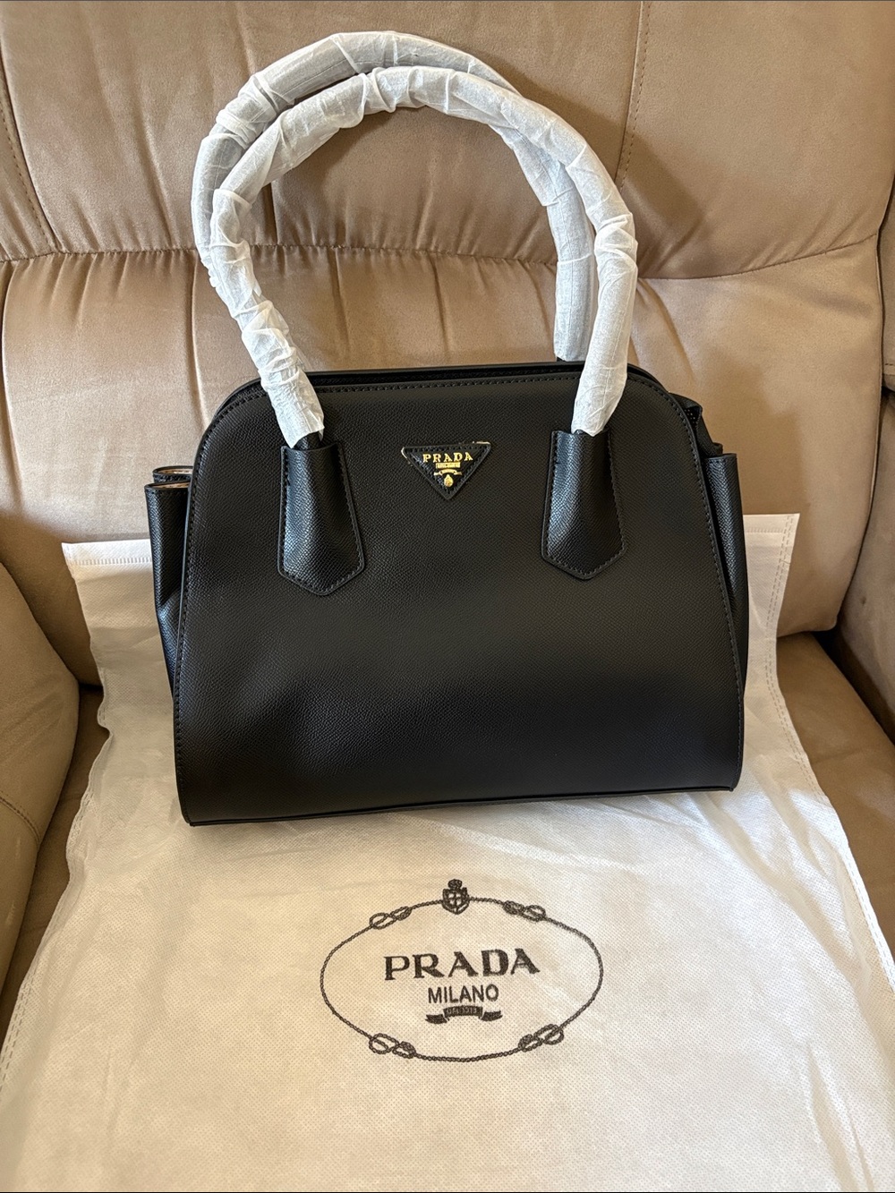 Faux Prada Black Saffiano Leather Satchel with Gold Logo - New